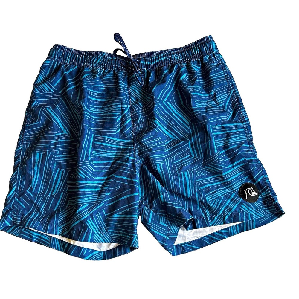 Quiksilver Volley Mens L Blue Geometric Swim Shorts Drawstring surf